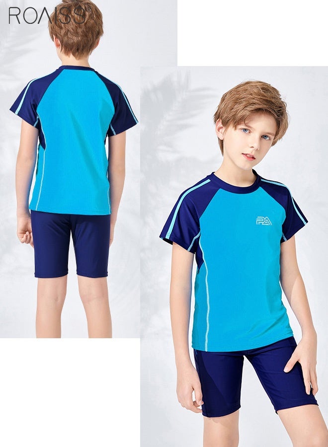roaiss 2-Piece Patchwork Contrasting Swimsuit Boys Beach Pool Short-Sleeved T-Shirt And Drawstring Shorts Set Swimsuit  - Image 4