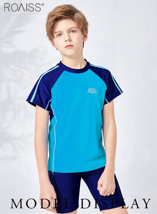 roaiss 2-Piece Patchwork Contrasting Swimsuit Boys Beach Pool Short-Sleeved T-Shirt And Drawstring Shorts Set Swimsuit  - Image 2