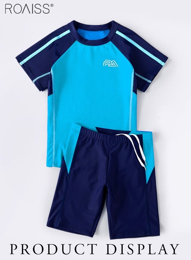 roaiss 2-Piece Patchwork Contrasting Swimsuit Boys Beach Pool Short-Sleeved T-Shirt And Drawstring Shorts Set Swimsuit  - Image 5