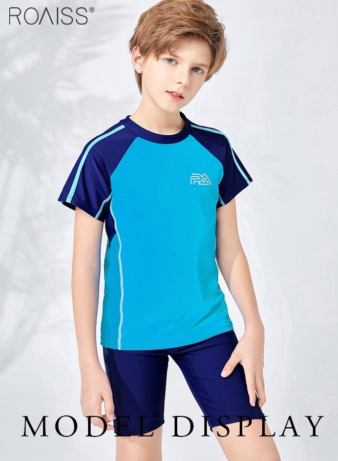 roaiss 2-Piece Patchwork Contrasting Swimsuit Boys Beach Pool Short-Sleeved T-Shirt And Drawstring Shorts Set Swimsuit  - Image 3