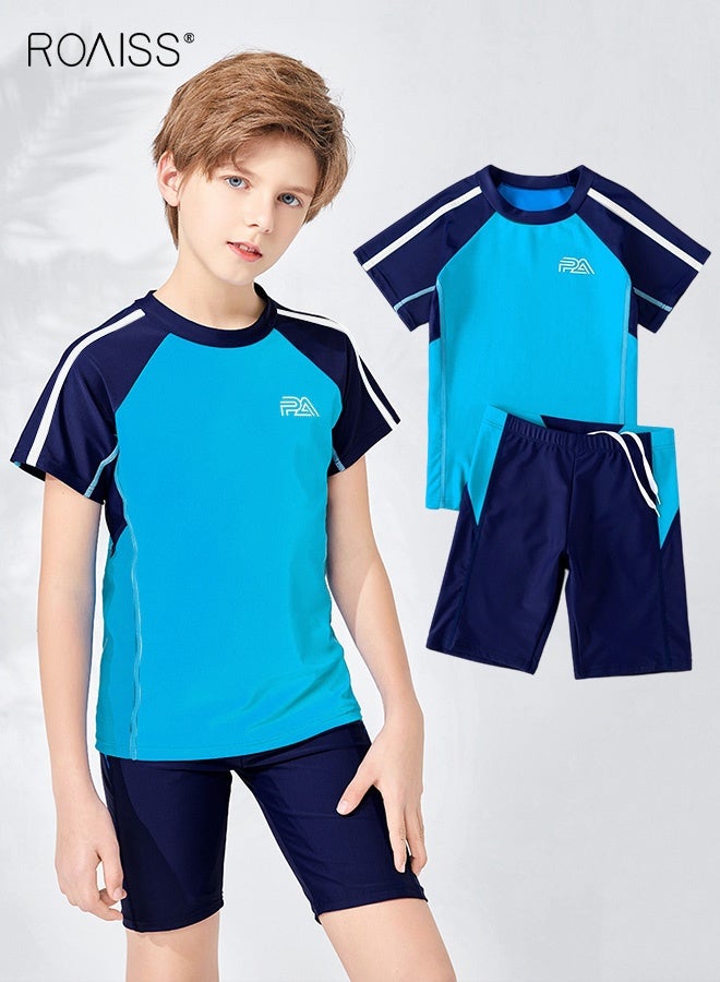 roaiss طقم ملابس سباحة متباين مكون من قطعتين للأولاد على الشاطئ وبركة سباحة وأكمام قصيرة تي شيرت وسروال قصير برباط ملابس سباحة - Image 1