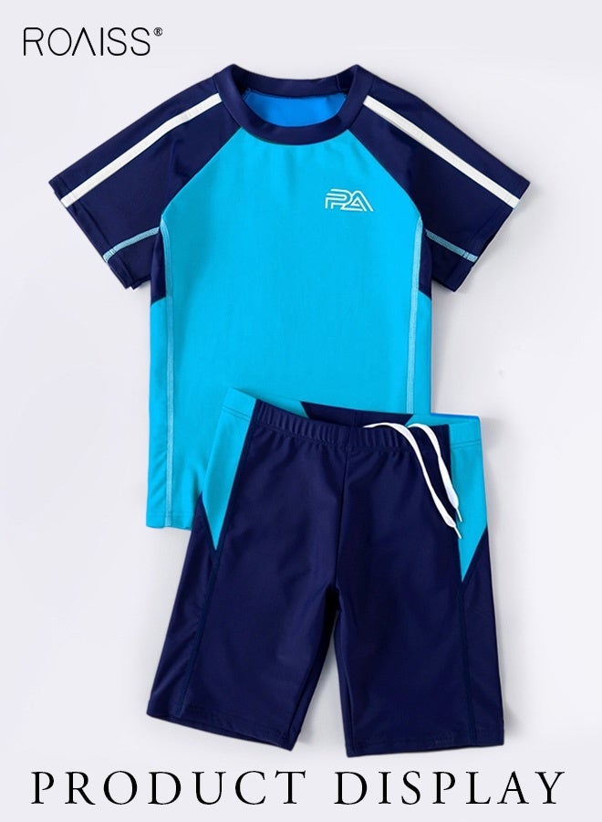 roaiss طقم ملابس سباحة متباين مكون من قطعتين للأولاد على الشاطئ وبركة سباحة وأكمام قصيرة تي شيرت وسروال قصير برباط ملابس سباحة - Image 5