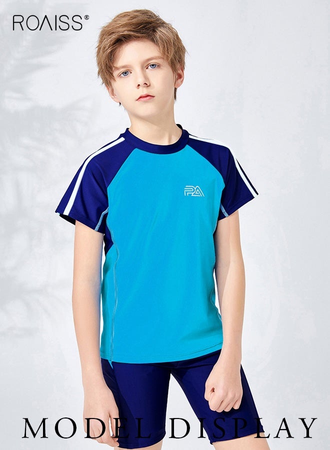 roaiss طقم ملابس سباحة متباين مكون من قطعتين للأولاد على الشاطئ وبركة سباحة وأكمام قصيرة تي شيرت وسروال قصير برباط ملابس سباحة - Image 2