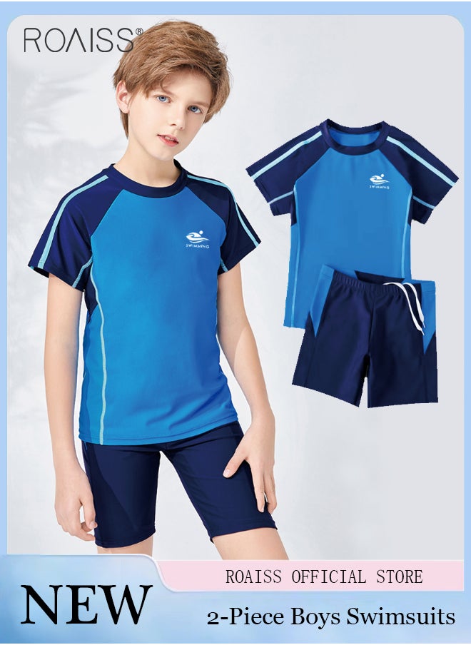 roaiss 2-Piece Patchwork Contrasting Swimsuit Boys Beach Pool Short-Sleeved T-Shirt And Drawstring Shorts Set Swimsuit  - Image 1