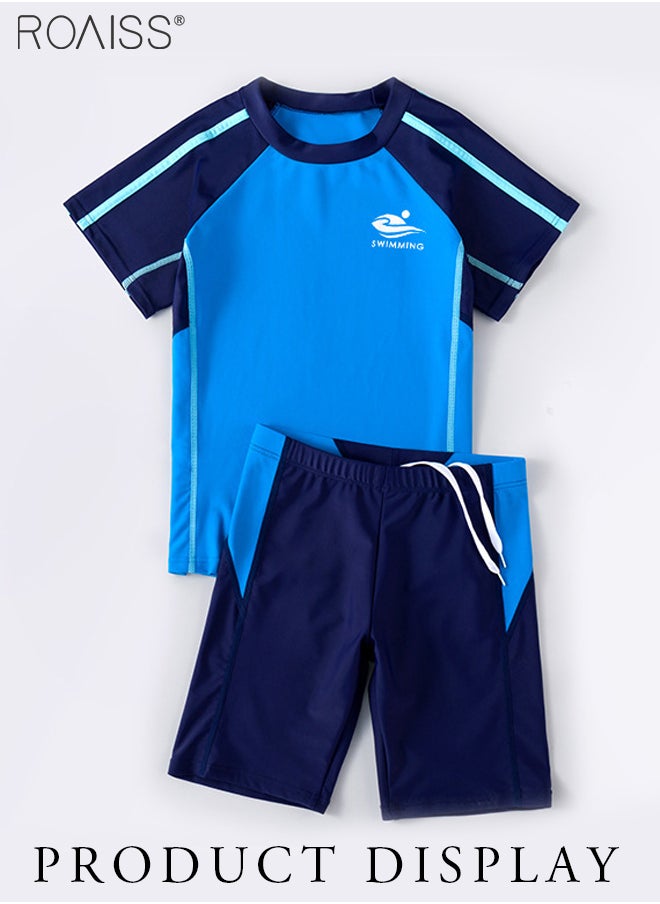 roaiss 2-Piece Patchwork Contrasting Swimsuit Boys Beach Pool Short-Sleeved T-Shirt And Drawstring Shorts Set Swimsuit  - Image 4