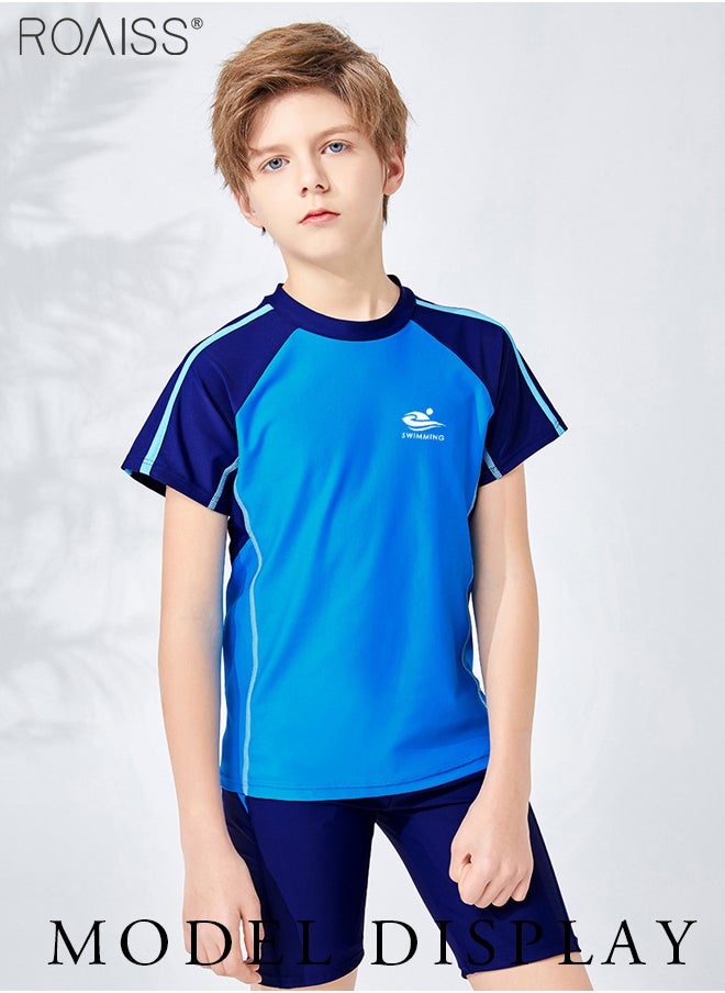 roaiss 2-Piece Patchwork Contrasting Swimsuit Boys Beach Pool Short-Sleeved T-Shirt And Drawstring Shorts Set Swimsuit  - Image 2