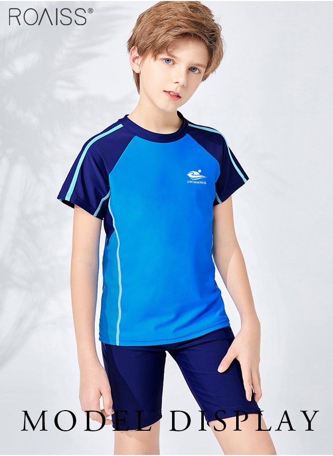 roaiss 2-Piece Patchwork Contrasting Swimsuit Boys Beach Pool Short-Sleeved T-Shirt And Drawstring Shorts Set Swimsuit  - Image 3