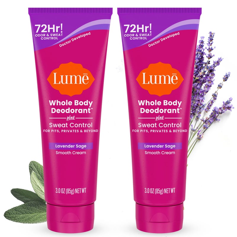 Lume Whole Body Deodorant Plus Sweat Control - Smooth Cream Tube - 72 Hour Odor And Sweat Control - Baking Soda Free, Skin Loving - 3.0 ounce (Pack of 2) (Lavender Sage) - Image 1