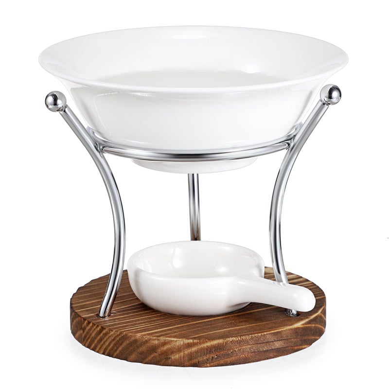 BSTKEY Metal Wooden Wax Melt Burner Essential Oil Burner with Ceramic Bowl Decorative Aroma Diffuser Wax Burner Tealight Candle Holder Burner Silver