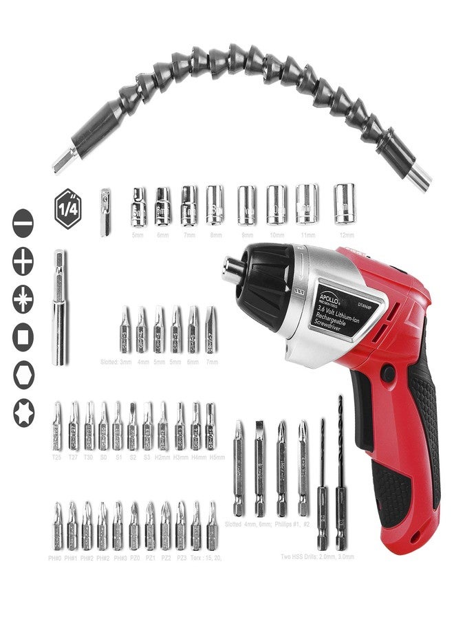 Apollo Tools Lightweight Cordless Screwdriver Set Includes Rechargeable 3.6 Volt Li-ion Screwdriver and 45 Piece Accessory Set in Black Carrying Case - Red - DT4944 - Image 5