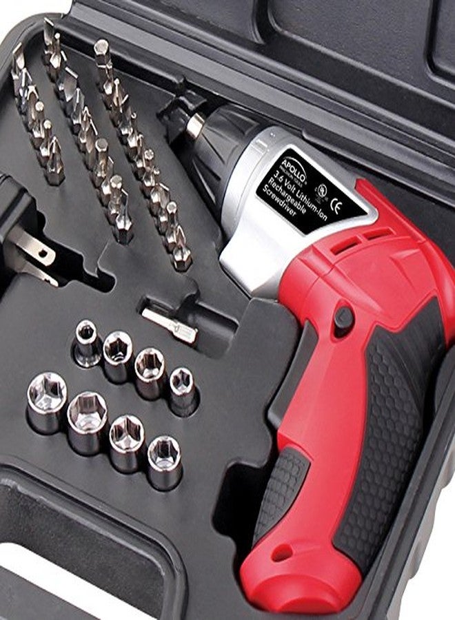 Apollo Tools Lightweight Cordless Screwdriver Set Includes Rechargeable 3.6 Volt Li-ion Screwdriver and 45 Piece Accessory Set in Black Carrying Case - Red - DT4944 - Image 2
