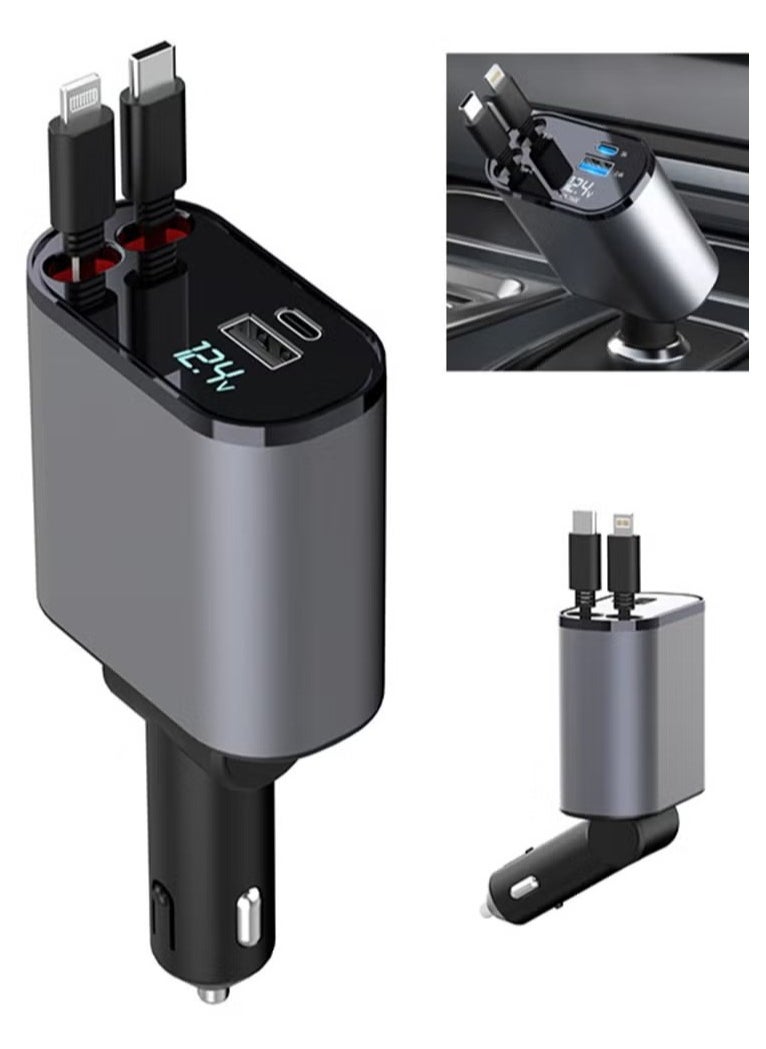 Max MAX 120W 4-in-1 Retractable Car Charger – Fast Charging Adapter with Dual USB Ports & Built-in Retractable Cables for iPhone, Type-C Devices  - Image 1