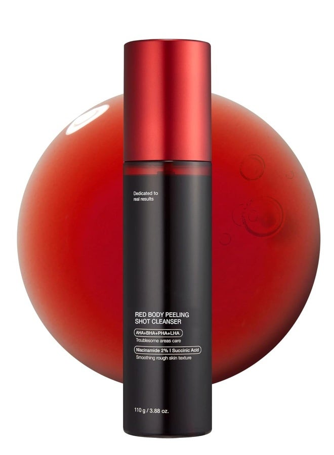 Red Body Peeling Shot, Strawberry Skin Body Spray Cleanser, AHA + BHA + Succinic Acid, Exfoliating, 3.88 oz. - Image 1