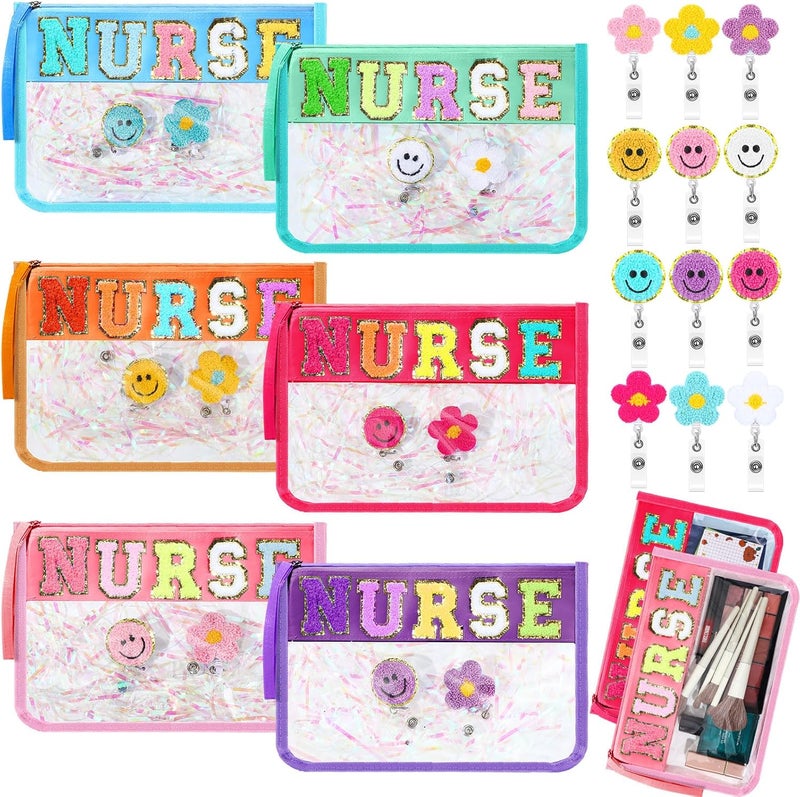 Coume Coume 18 Pcs Nurse Makeup Bags Badge Clips Gifts Clear Pouches with Nursing Badge Reel Flower Smile Face Nursing ID Card Clips for National Certified Nurses Day Teacher Student, 11.8 x 7.87 inch 