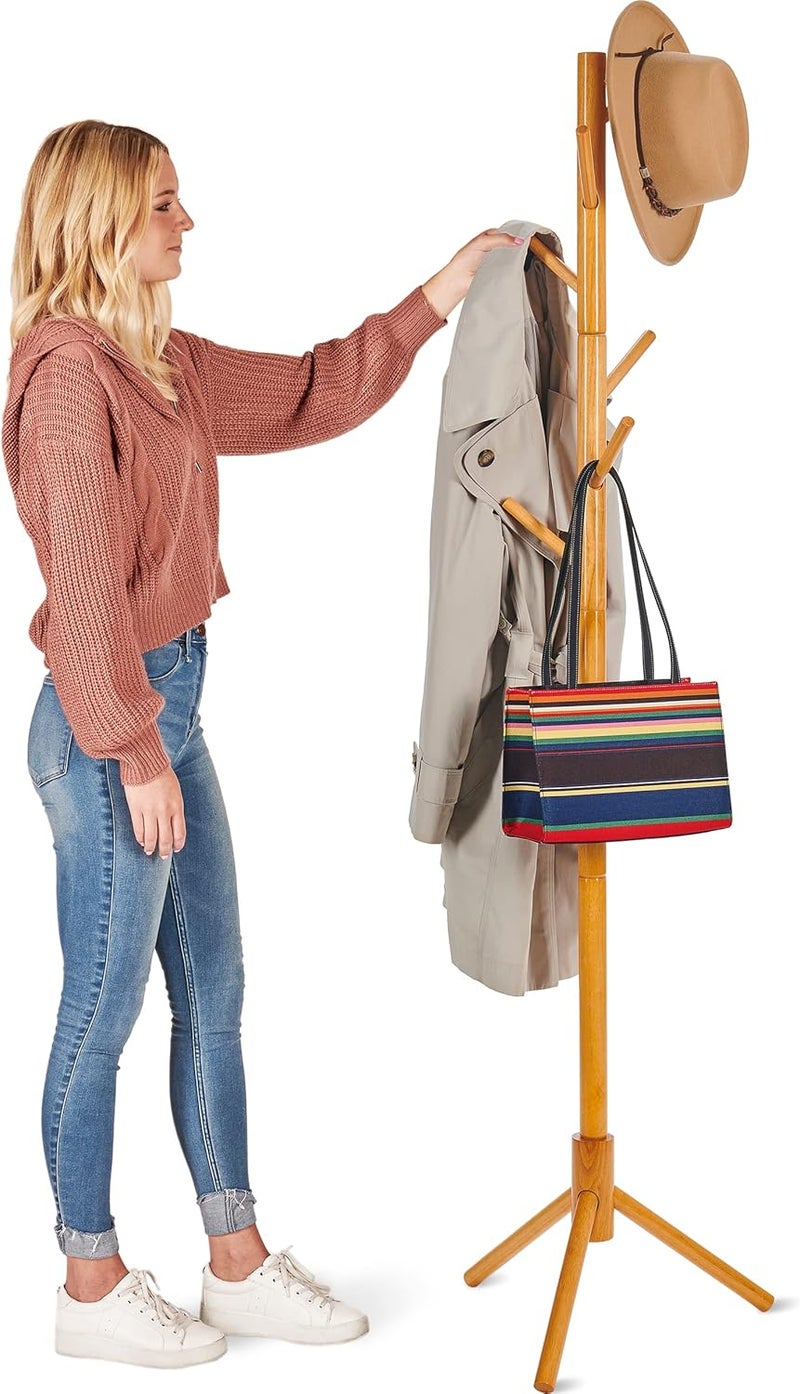 ZOBER (Natural) - Premium Wooden Coat Rack Free Standing, with 6 Hooks Lacquered Pine Wood Tree Stand for Coats, Hats, Scarves, Clothes, and Handbags Natural Finish Brown ZO-001 - Image 1
