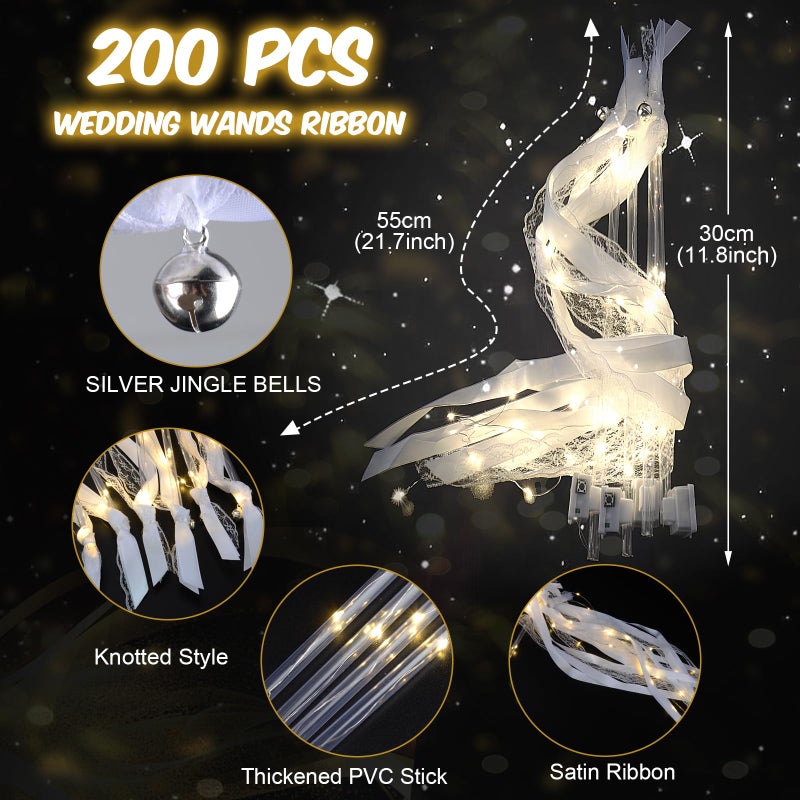 HONLYNE 100PCS Light up Wands for wedding, Wedding Wands Streamers with 3 Colorful Flashing Modes, Fairy Wands, LED Silk Fairy Wand with Bells for Wedding, New Year, Thanksgiving, Concert - Image 2