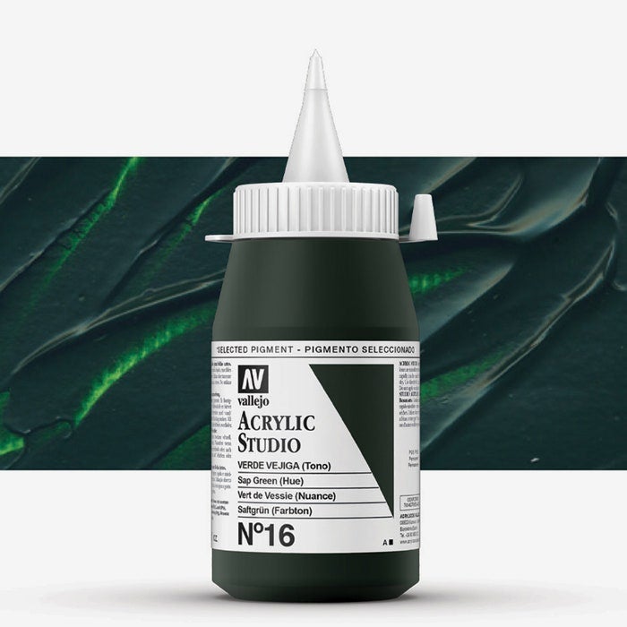 Vallejo Professional Acrylic Paint for Artists & Studios – Sap Green, High Pigment, Smooth Coverage on Canvas & Wood – 500ml - Image 1