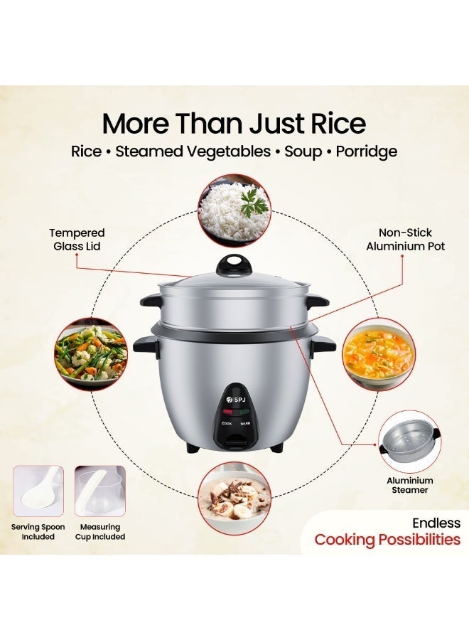 SPJ 1L Electric Rice Cooker with Steamer, 477W, Non-Stick Inner Pot, Automatic Keep Warm, Tempered Glass Lid, Mini Multi Cooker for Rice, Steaming & Cooking, Silver - Image 3