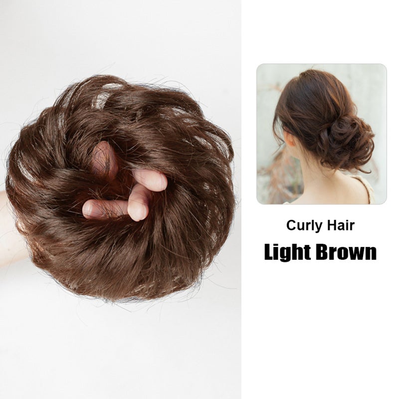 Messy Bun Hair Extension: Light Brown Curly Heat Resistant Synthetic Hair - High Elastic Easy To Attach Hairpiece for Prom Party Wedding Daily Use - Image 5