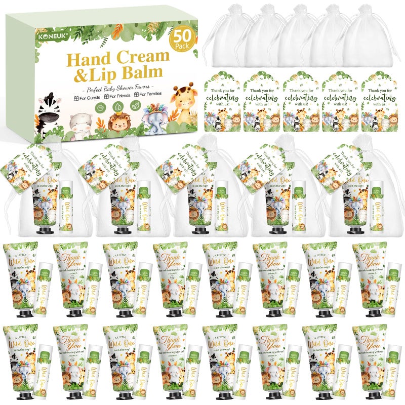KONEUK 50 Pack Bulk Hand Cream and Bulk Lip Balm Gifts Sets, Baby Shower Favors and Bridal Shower Favors for Guests with Thank You Card and Organza Gift Bags, Birthday Gifts, Appreciation Gifts (Animal) - Image 1