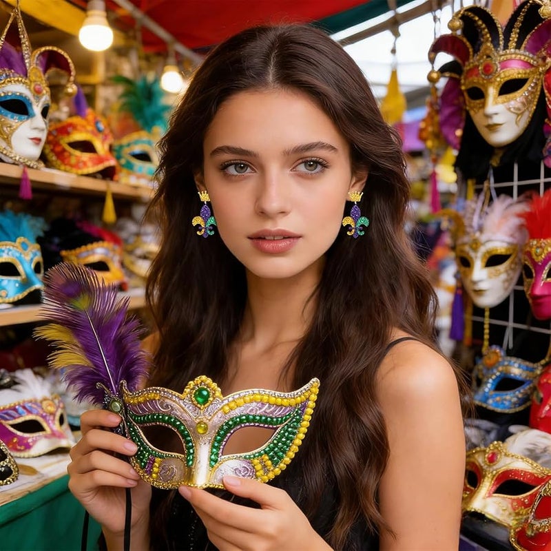 بودرير Boderier Mardi Gras Earrings for Women Handmade Fleur De Lis Beaded Drop Dangling Earring Colorful Funky Festive Carnival Cosplay Party Jewelry Gift - Image 2
