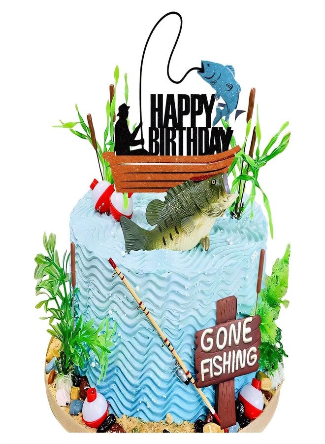 Qoadwem Fishing Cake Topper, Gone Fishing Cake Topper With Bass Reed For Fisherman Themed Decoration And Retirement Party Supplies - Image 1