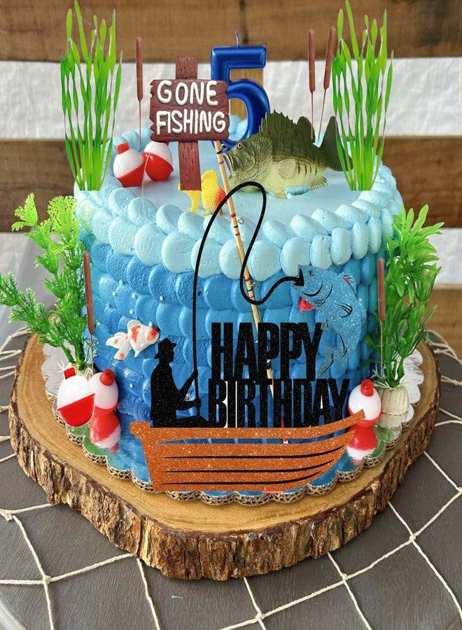 Qoadwem Fishing Cake Topper, Gone Fishing Cake Topper With Bass Reed For Fisherman Themed Decoration And Retirement Party Supplies - Image 3