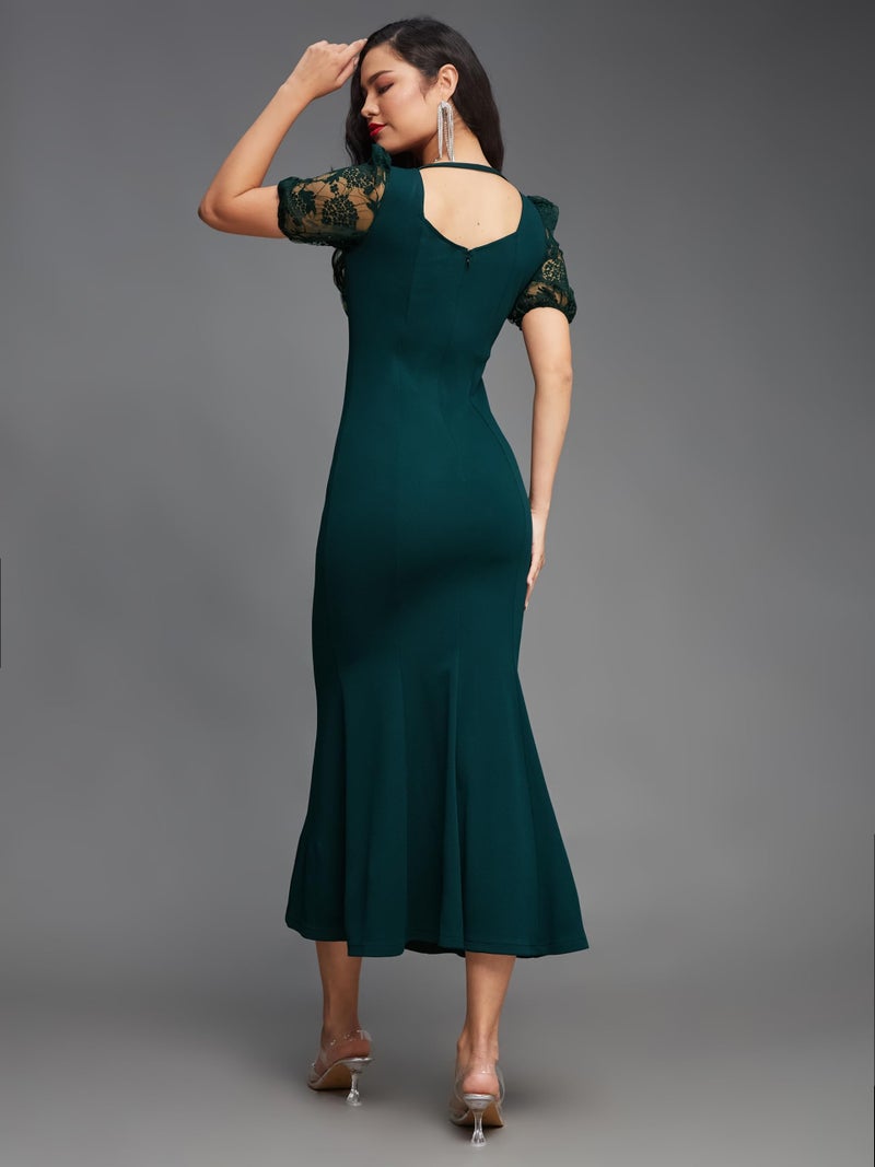 Miss Chase Women's Square Neck Puff Sleeve Solid Lace Overlaid Ankle Length Dress (Plus (MCSS23D79-01-42-05, Dark Green, L) - Image 4