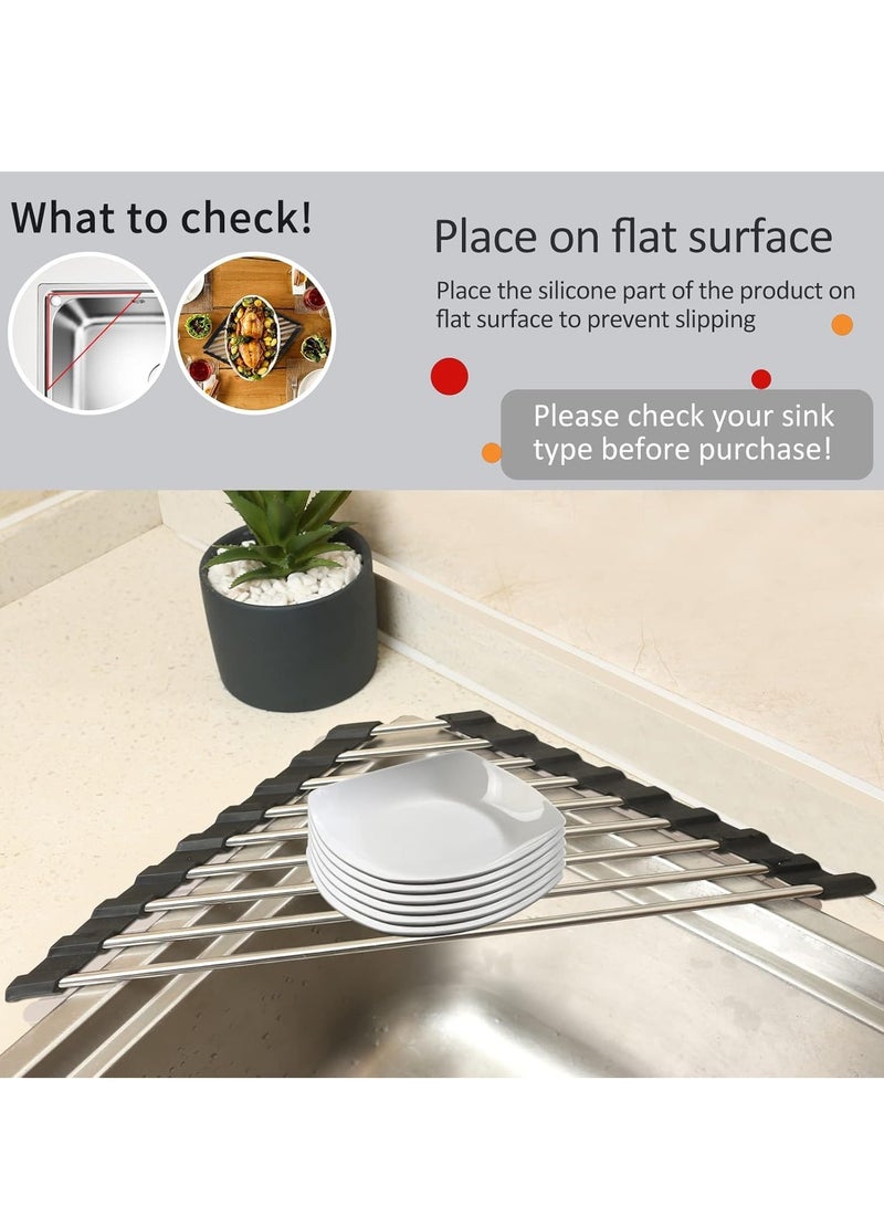 Beauenty Collapsible Drying Rack (Triangle), Rollable Dish Mat Multipurpose Sink Rack Sink Top Drainer Foldable Stainless Steel Drying Rack Kitchen Counter Organizer for Kitchen Corner Drainer,Black - Image 3