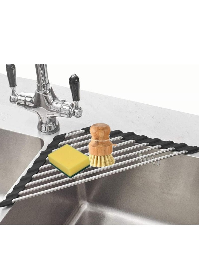 Beauenty Collapsible Drying Rack (Triangle), Rollable Dish Mat Multipurpose Sink Rack Sink Top Drainer Foldable Stainless Steel Drying Rack Kitchen Counter Organizer for Kitchen Corner Drainer,Black - Image 1