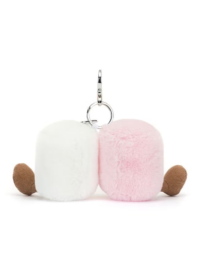 عام زوج من أكياس حلوى Marshmallows – قلادة كريهة باللون الوردي والأبيض لحقائب الظهر والحقائب والمفاتيح – ملحق ناعم بزوج من حلوى Marshmallow مع شريط ساتان وقفل معدني - Image 4