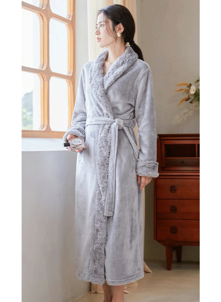 إسكدنيا المرأة طويلة سميكة لابل فستان ليلي فلانيل رداء حمام بيجاما مع حزام رمادي - Image 1