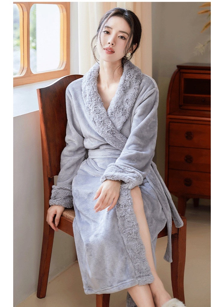 إسكدنيا المرأة طويلة سميكة لابل فستان ليلي فلانيل رداء حمام بيجاما مع حزام رمادي - Image 2