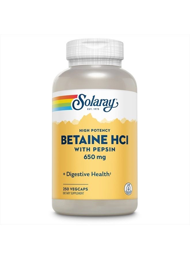 SOLARAY High Potency Betaine HCL with Pepsin 650 mg | Hydrochloric Acid Formula for Healthy Digestion Support | Lab Verified | 250 VegCaps - Image 1