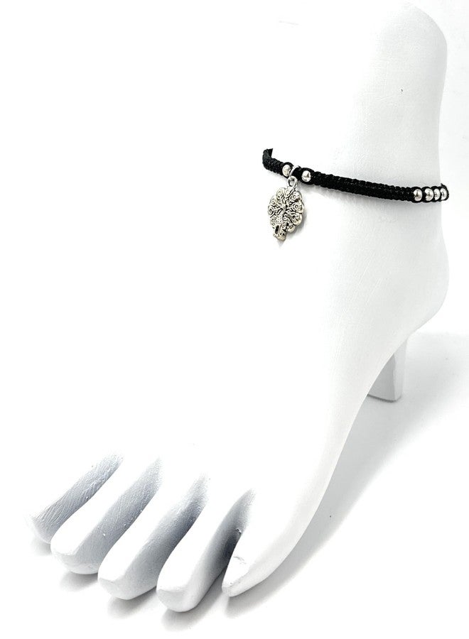 Jyokrish Handmade Adjustable Single Leg Black Silk dori hanging Peacock Anklet |For Women |Girls |Black Nazariya |Pack of 1 |Thread Work |Payal | Free size - Image 2