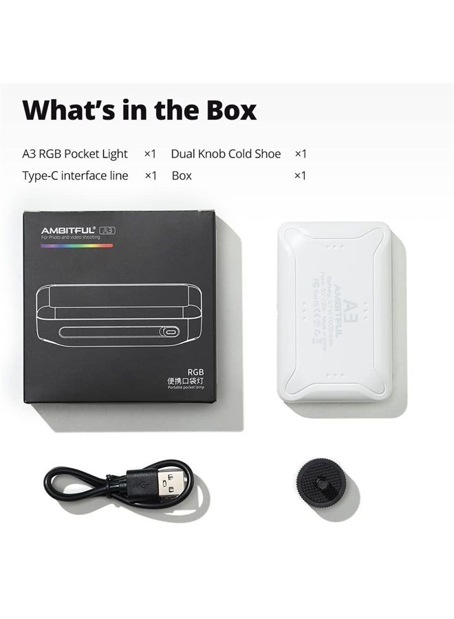 AMBITFUL A3 Full Color RGB LED Mini Light, Built-in FX Effects,350LX(0.5M,5500K) RA/95 TLCI/97,2800-6800K LED Video Light Panel with Mobile APP Control (White) - Image 4