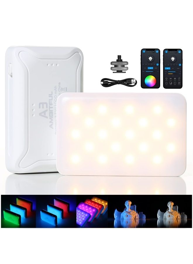 AMBITFUL A3 Full Color RGB LED Mini Light, Built-in FX Effects,350LX(0.5M,5500K) RA/95 TLCI/97,2800-6800K LED Video Light Panel with Mobile APP Control (White) - Image 1