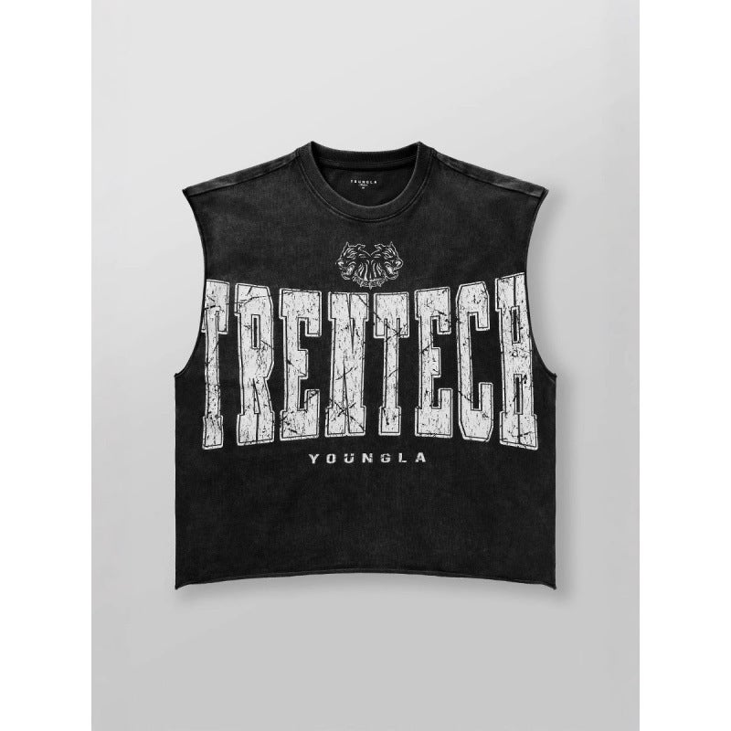 High Street American Retro Washed Distressed Vest Boys Summer Ins Trendy Brand Sports Pure Cotton Sleeveless T-Shirt Couple Wear - Image 5