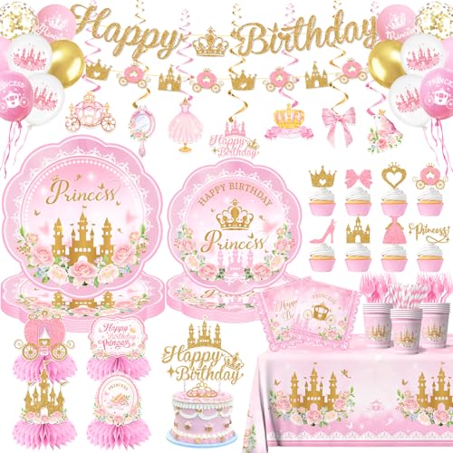 Peghoqu 196Pcs Princess Birthday Party Decorations Serves 24Pink Princess Birthday Themed Tableware Includes Scalloped PlatesNapkinsTableclothBannerBalloonCake Topper for Girls Princess Party Supplies - Image 1