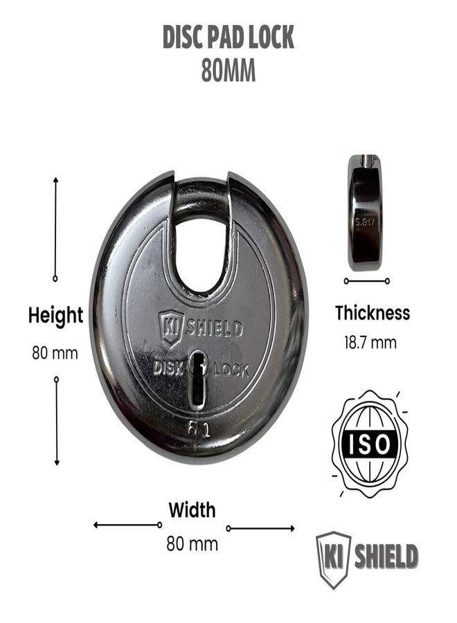 KI SHIELD 1008 DISC PAD Lock 80mm Long Shackle | 8 Levers, 3 Keys | Silver Chrome Plated Finish | Keyed Padlocks | Shutter Lock, Gate Lock | Heavy Welded Alloy Steel Body | - Image 2