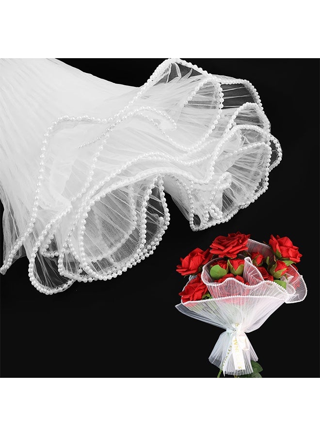 YJ 4 Yards 28cm White Bouquet Wrapping Mesh Paper Pearl Edge Wrinkled Wavy Net Yarn Flower Wrapping Paper for DIY Crafts Valentine's Day Mother's Day Wedding Florist Supplies - Image 1