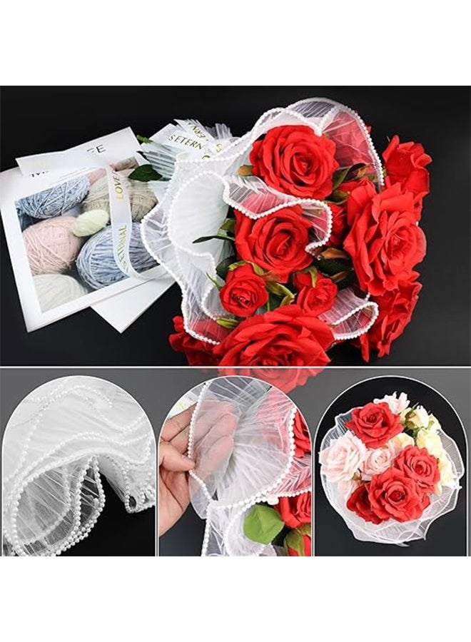 YJ 4 Yards 28cm White Bouquet Wrapping Mesh Paper Pearl Edge Wrinkled Wavy Net Yarn Flower Wrapping Paper for DIY Crafts Valentine's Day Mother's Day Wedding Florist Supplies - Image 3