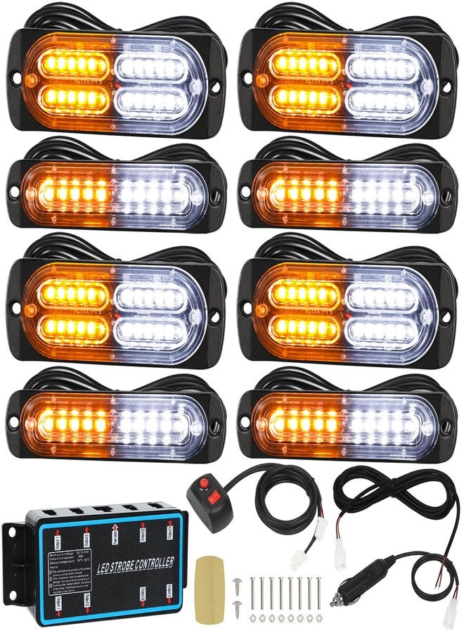 LINKITOM 8pcs Ultra Slim Sync Feature Car Truck Surface Mount Emergency Hazard Warning Strobe light with Strobe Controller and Wiring Harness (Amber & White) - Image 1