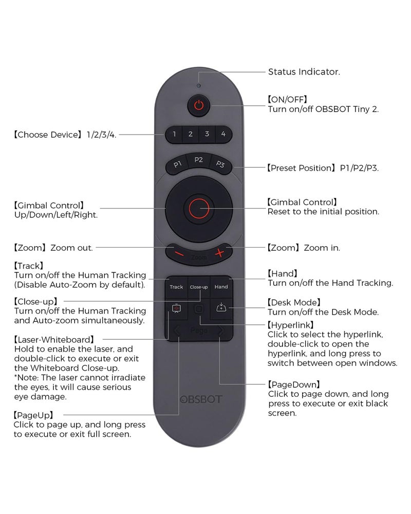 OBSBOT Tiny 2 Remote Control, Smart Remote for Tiny 2/Tiny 2 Lite/Tiny 4K/1080P Webcam, Wireless Connection via USB Receiver, Combination of Remote Control and Presentation Clicker - Image 5