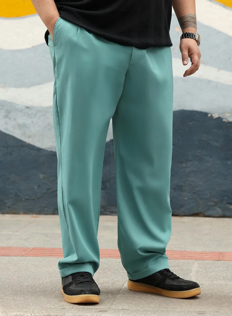 انستافاب بلس Instafab Plus Men Pleated-Twill Tailored Trousers | Mid-Rise , Side Elasticated Stretch | Button Closure , Cuffed-Straight Hem | Solid Twill | Woven Fabric For Party & Evening Wear | Aqua Green