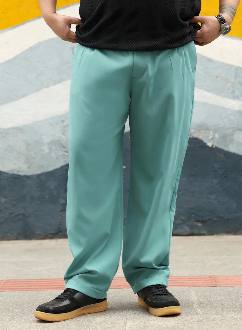 انستافاب بلس Instafab Plus Men Pleated-Twill Tailored Trousers | Mid-Rise , Side Elasticated Stretch | Button Closure , Cuffed-Straight Hem | Solid Twill | Woven Fabric For Party & Evening Wear | Aqua Green