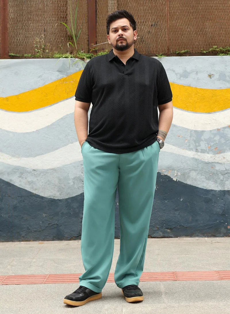 انستافاب بلس Instafab Plus Men Pleated-Twill Tailored Trousers | Mid-Rise , Side Elasticated Stretch | Button Closure , Cuffed-Straight Hem | Solid Twill | Woven Fabric For Party & Evening Wear | Aqua Green