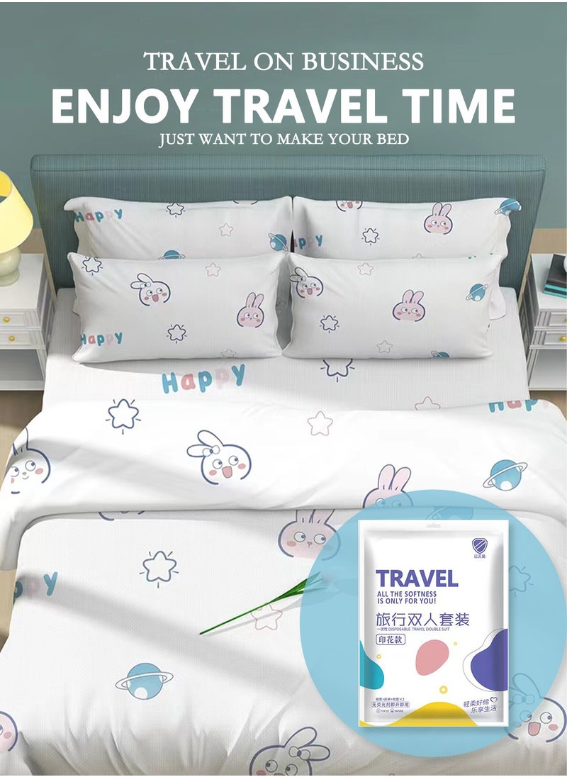 HOOGIFFT Double Travel Bed Sheets Set, Disposable Bed Sheets, Quilt Cover and Pillow Case Set, Portable Sheet Sets with Cute Printing for Hotel and Travel (Travel 4-Piece)  - Image 1