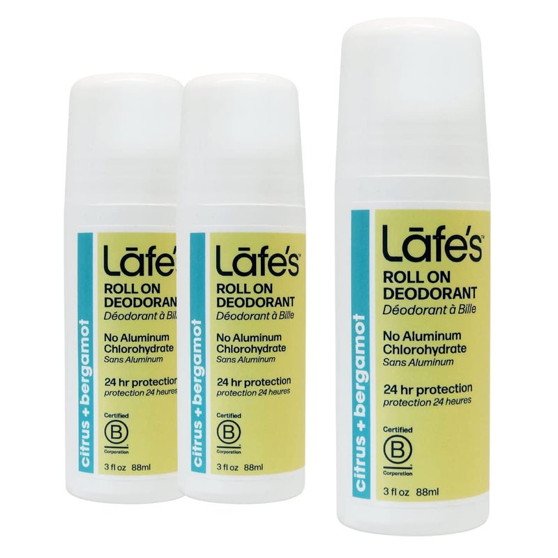 Lafes Natural Deodorant 3oz RollOn Aluminum Free Natural Deodorant Citrus Bergamot 3 Pack