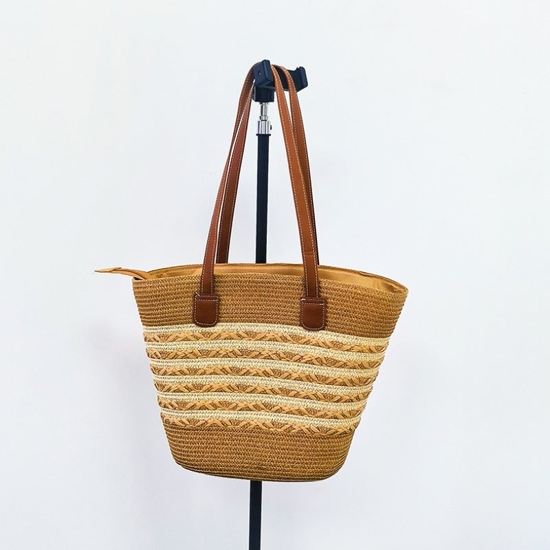 New French Style Paper Strips Woven Bag Pastoral Style Seaside Beach Large Capacity Striped Shoulder Bag Vegetable Basket - Image 1